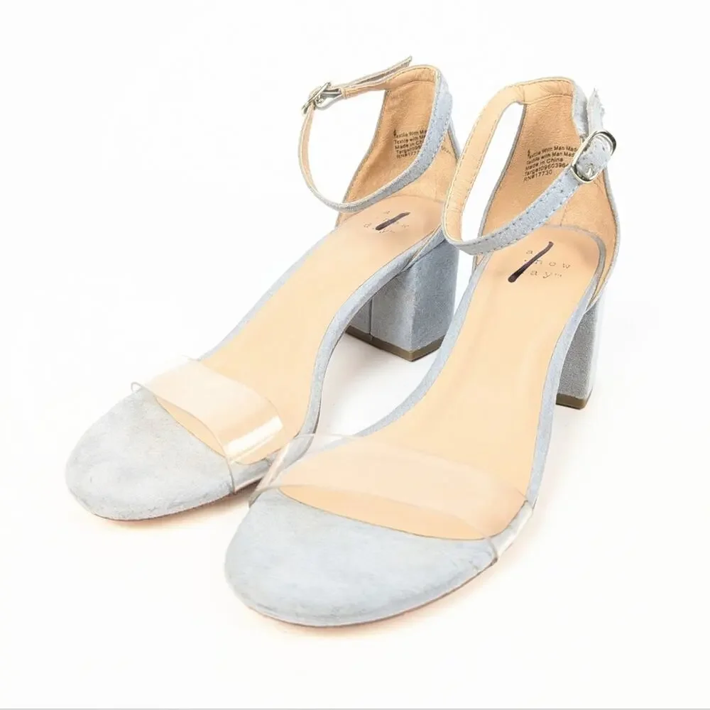 A New Day Michaela Light Blue Suede Clear Strap Block Heel Sandals Size 6